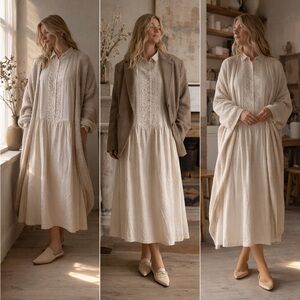 Vintage Silk Noil Lace Bib Midi Dress • Size 13–14